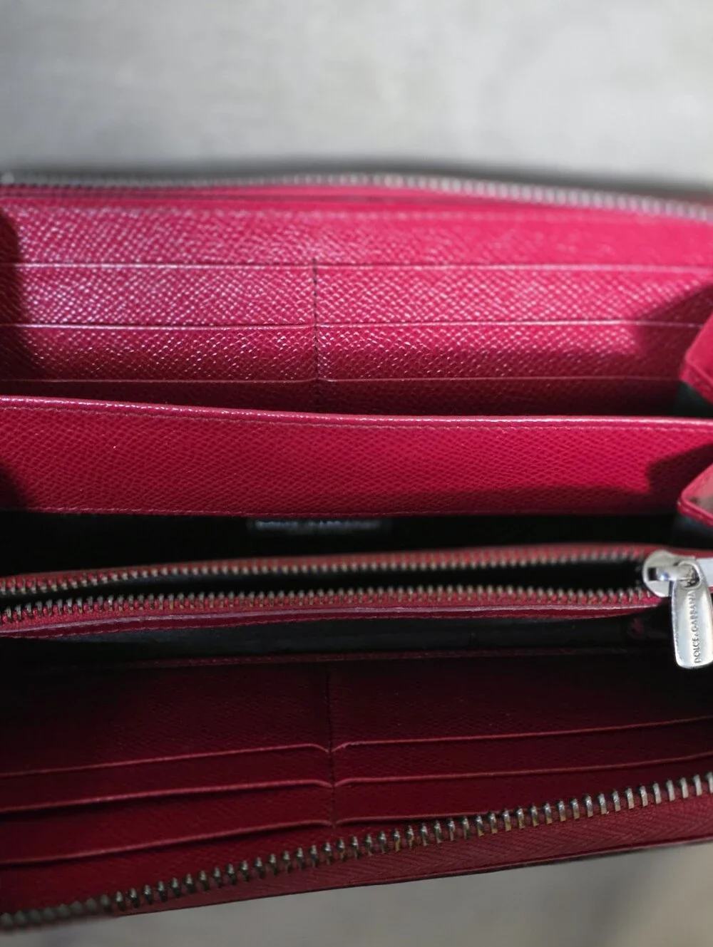 Dolce & Gabbana Red Saffiano Leather Zip Around Wallet Logo Plaque